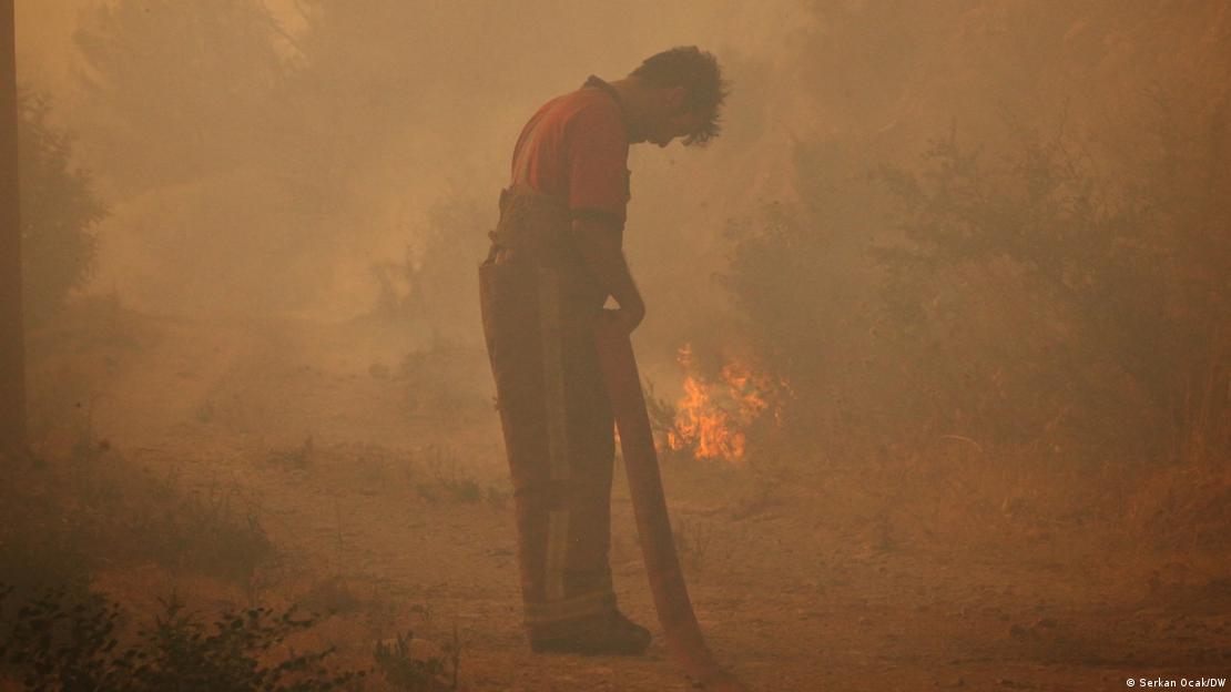 Muğla'nın Bodrum ilçesinde yaşanan orman yangınına müdahale ederken, su gelmeyen hortumuna bakan bir itfaiye eri - (Ağustos 2021)